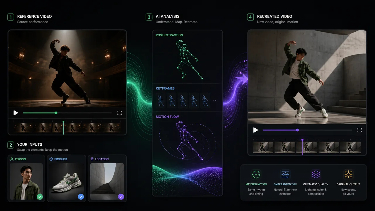 Reference video, user inputs, AI motion analysis, and a recreated original video