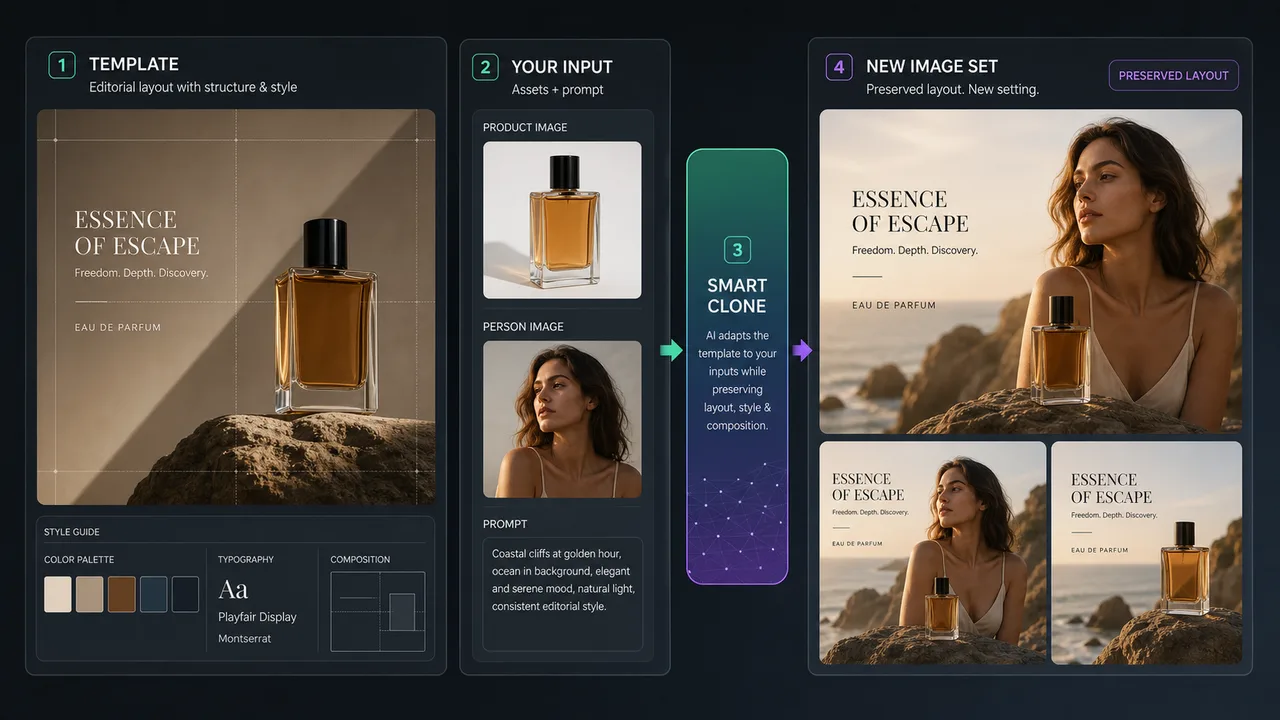 A video template and user inputs flowing through Smart Clone into a new adapted video